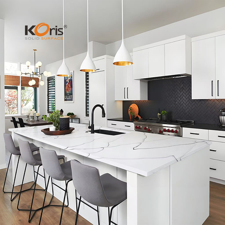 Staron White White หินอ่อนหินแผ่นพื้นผิวแข็งสำหรับเคาน์เตอร์ครัวเคาน์เตอร์