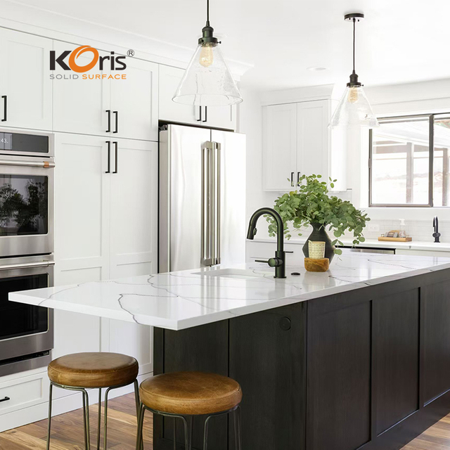 เคาน์เตอร์ครัวพื้นผิวแข็งอะครีลิคสีขาวหินอ่อนเทียม